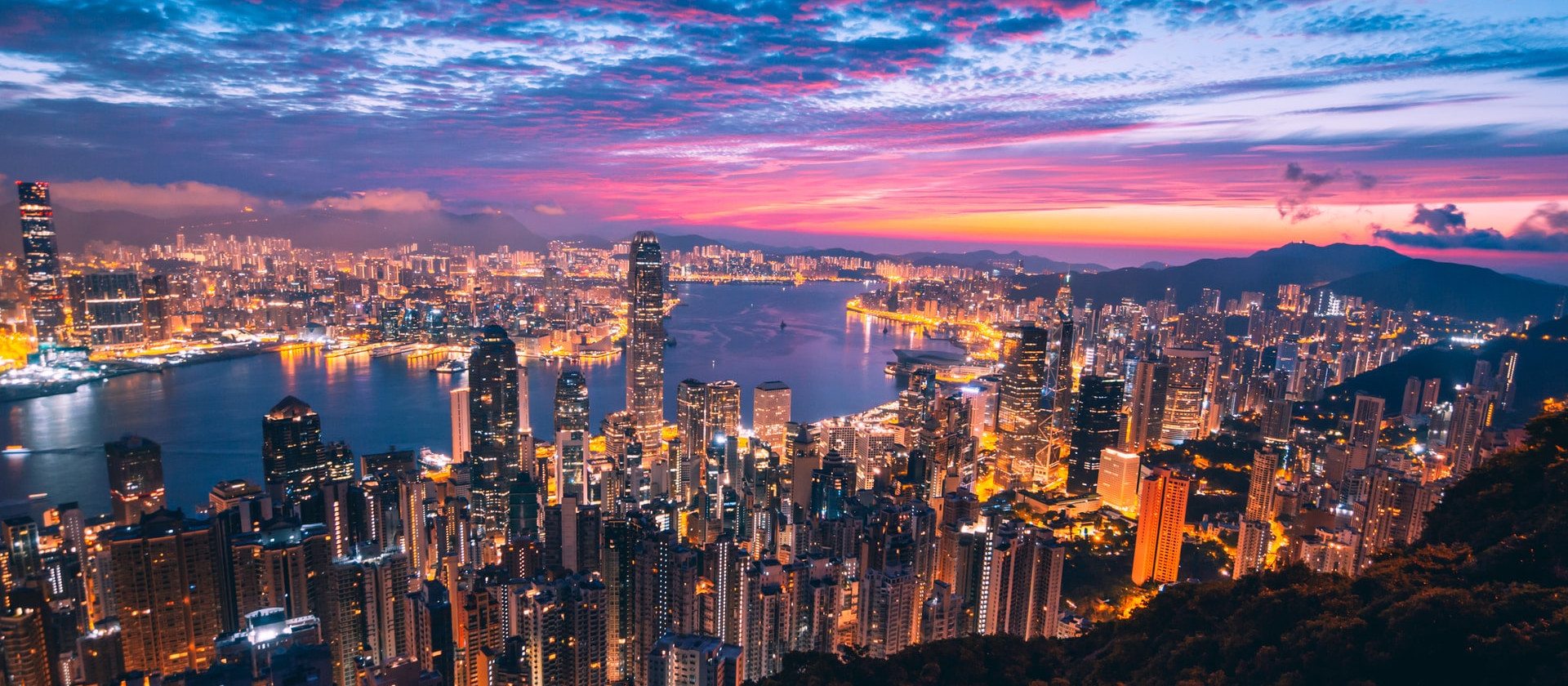 Skyline of Hong Kong at sunset