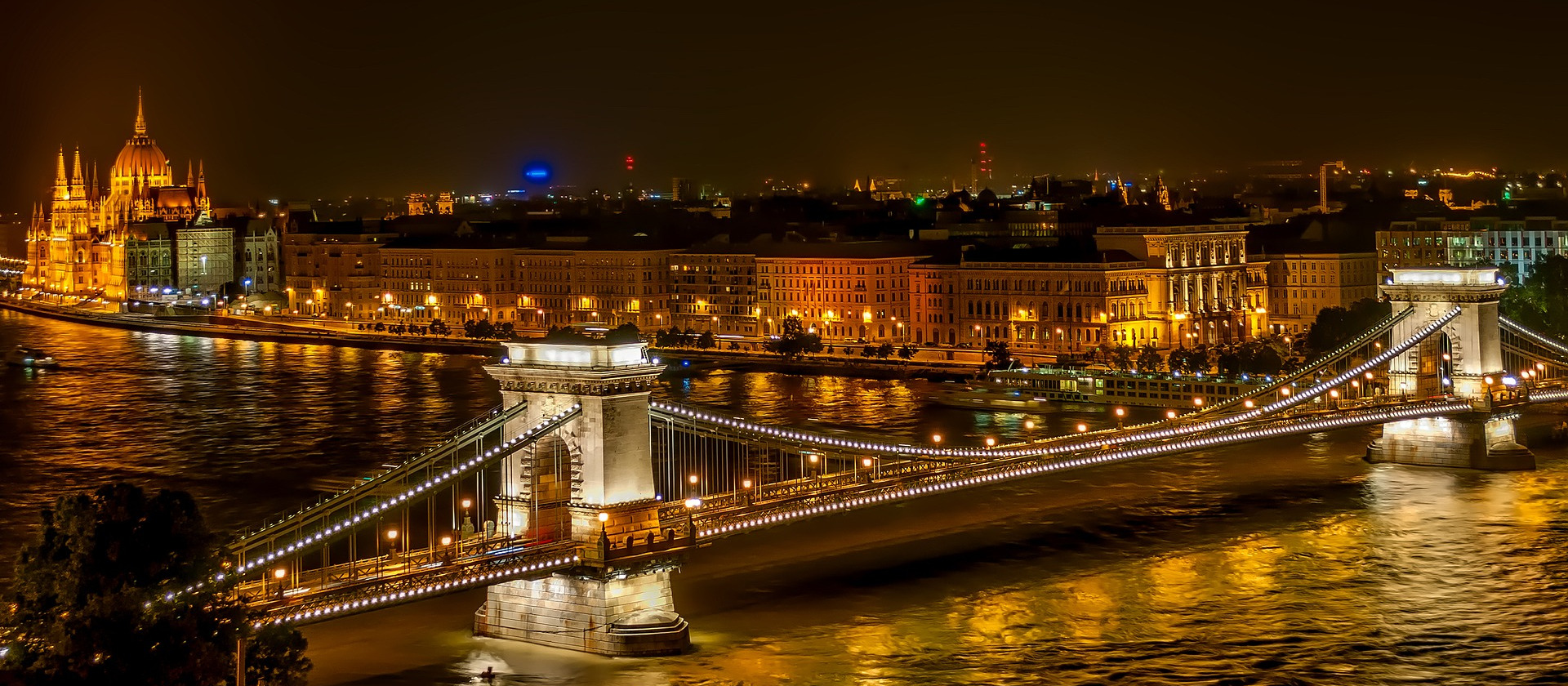 Szechenyi Chain Bridge crosses the Danube in Budapest, Hungary.